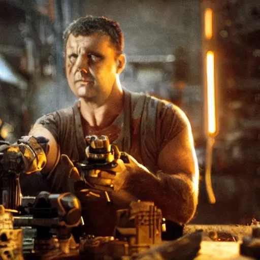 Image similar to gun made from old egg beater, balding older cyborg repairing, red hot soldering iron, dark messy smoke - filled cluttered workshop, dark, dramatic lighting, orange tint, cinematic, highly detailed, sci - fi, futuristic, movie still from blade runner