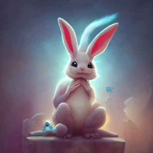 Prompt: funny cute little bunny monster by tom bagshaw, artgerm, jeremiah ketner, beeple and charlie bowater, soft lighting, solid background,