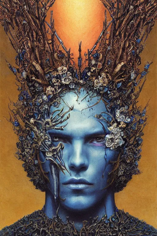 Prompt: portrait of beautiful gothic young man, warhammer, cyber armor, a lot of scars, more and more flowers, blue head, the middle ages, highly detailed, artstation, illustration, art by jean delville, 8 k quality, otherworldly, andre le notre, psychedelic