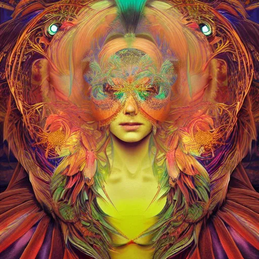 Image similar to A reality bending psychedelic ayahuasca experience, colorful, distorted, surreal, tropical bird feathers, dramatic lighting on the face, intricate, elegant, highly detailed, digital painting, concept art, smooth, sharp focus, illustration, art by Krenz Cushart and Wayne Barlowe and alphonse mucha