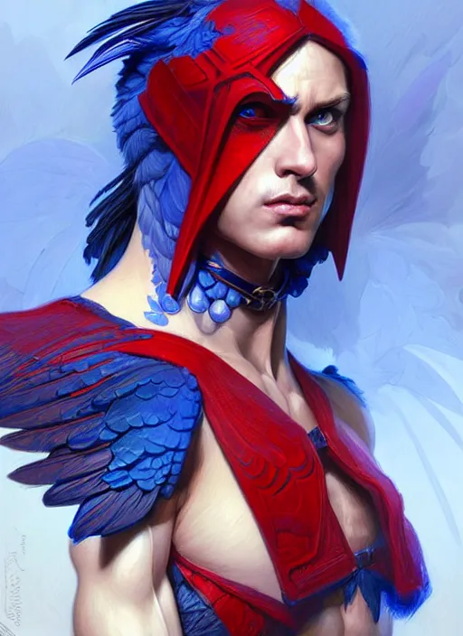 Image similar to portrait of aggressive pigeon humanoid, d & d, muscular! blue and red, fantasy, intricate, elegant, highly detailed, digital painting, artstation, concept art, smooth, sharp focus, illustration, art by artgerm and greg rutkowski and alphonse mucha