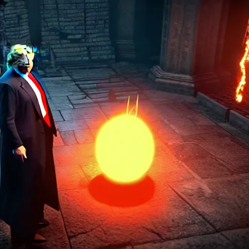 Image similar to donald trump in dark souls, ps 5 screenshot, isometric view, third person gameplay, praise the sun, 3 d render, cryengine, highly detailed