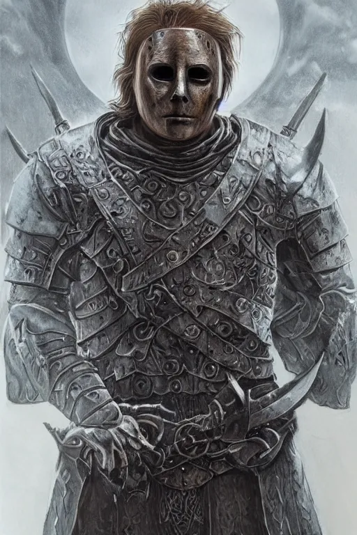 Prompt: full body concept art of Michael Myers wearing viking armor made with porcelain by Jeff Easley and Peter Elson + beautiful eyes, beautiful face + symmetry face + galaxy + gothic, surreal, dread + highly detailed, intricate complexity, epic composition, magical atmosphere + masterpiece, award winning + trending on artstation