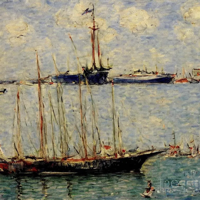 Image similar to a master painting of a big ship docked at the harbor, sharp focus, very detaied, by berthe morisot