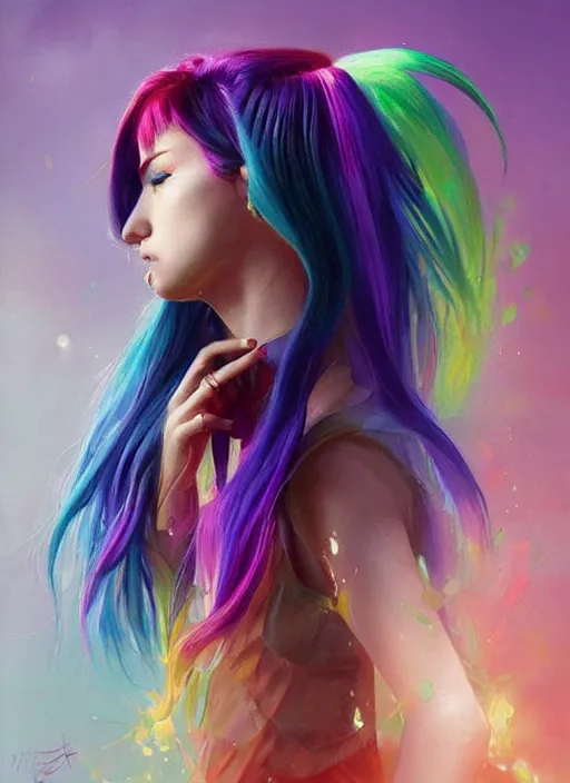 Image similar to a young woman with beautiful rainbow hair. she looks very angry. beautiful painting by artgerm and greg rutkowski