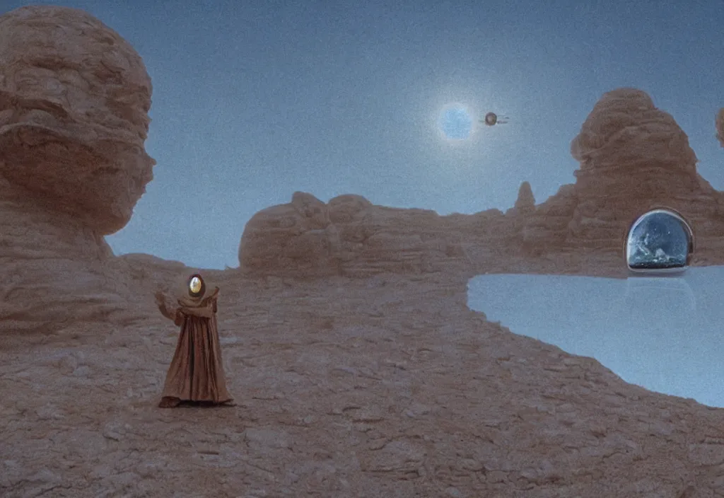 Image similar to glowing bene gesserit in full - face golden mask in a dry rocky desert landscape with alien complex city beneath the sand and giant alien spaceship in the sky attacks the earth by christopher doyle and alejandro jodorowsky, anamorphic lens, kodakchrome, cinematic composition, masterpiece, 8 k,