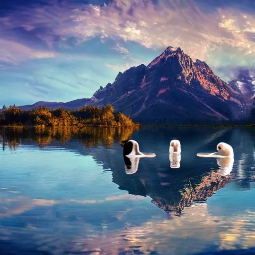 Image similar to photo of two black swans swimming in a beautiful reflective mountain lake, touching heads, forming a heart with their necks, a colorful hot air balloon is flying above the swans, hot air balloon, intricate, 8k highly professionally detailed, HDR, CGsociety