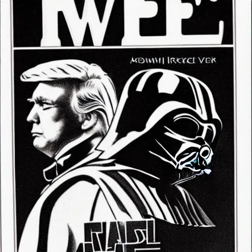 Image similar to a romance novel cover from 1 9 8 3, paperback, drawing, trump and darth vader on the cover, romantic