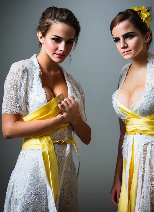 Image similar to portrait of lindsey pelas and emma watson wearing white kebaya and yellow silk belt, jakarta, by charlotte grimm, natural light, detailed face, beautiful features, symmetrical, canon eos c 3 0 0, ƒ 1. 8, 3 5 mm, 8 k, medium - format print,