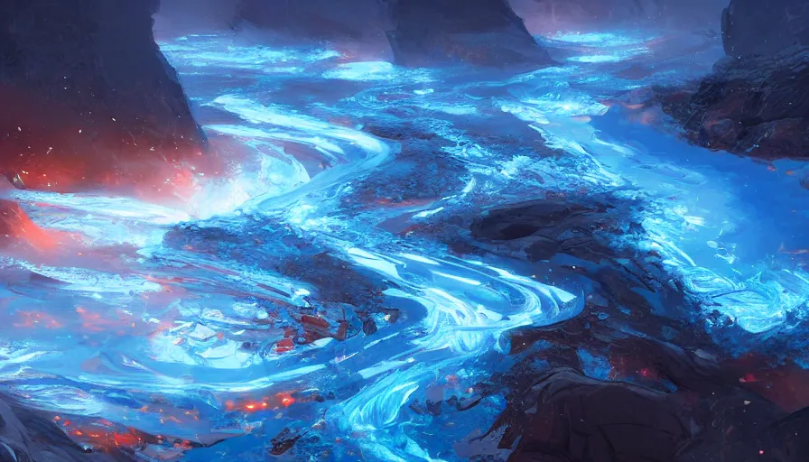 Prompt: river of blue fire, ice color scheme, intricate detailed painting, blue flames, low angle, morning, artstation, james paick