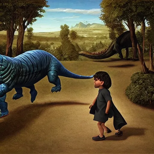 Image similar to dream a kid at the park walking a dinosaur with a leash, renaissance oil painting by George Lucas and Jarosław Jaśnikowski and Dan Mumford, hyperralistic, hyperdetailed