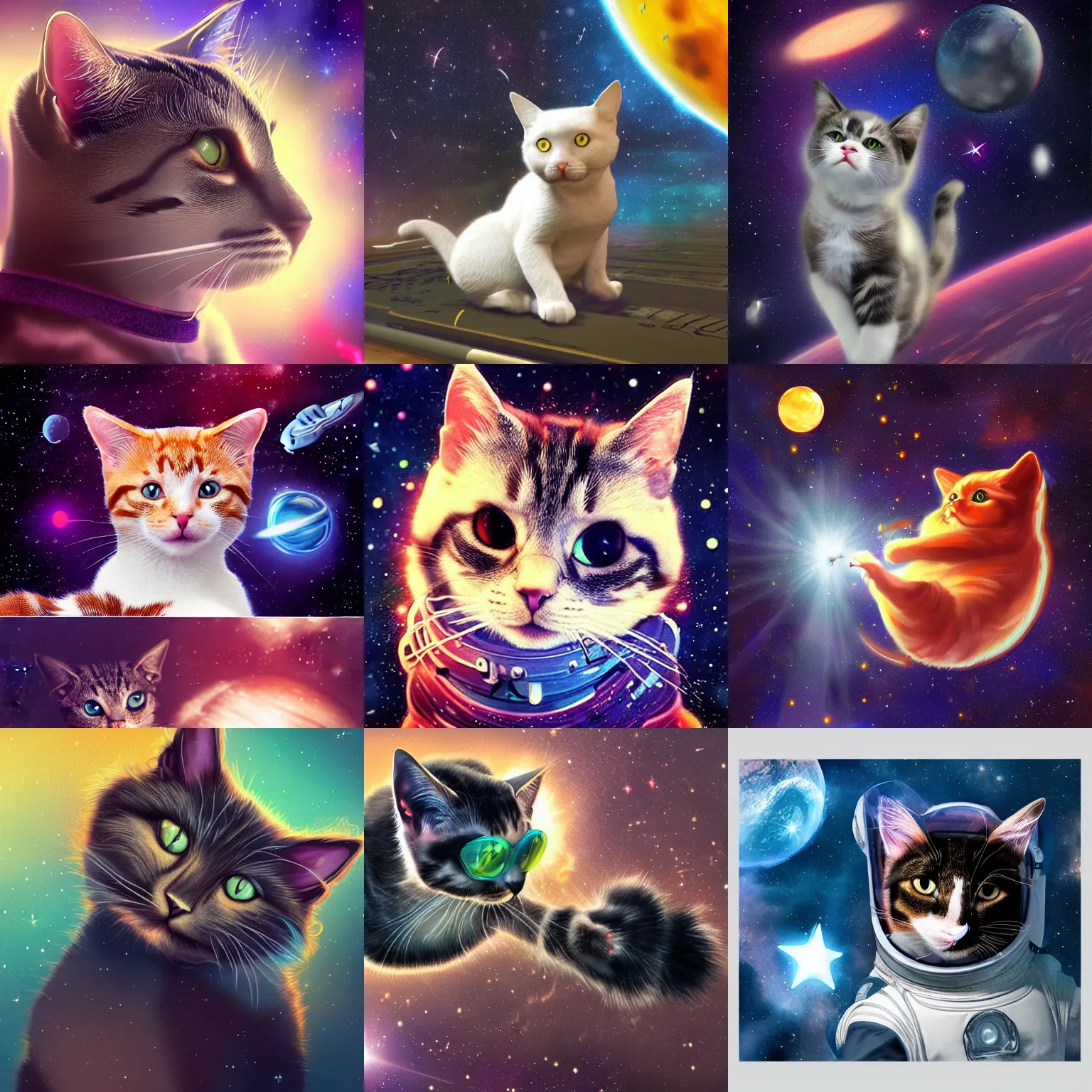Prompt: cat in space, plays with stars, trending on artstation, high quality, ultra realistic