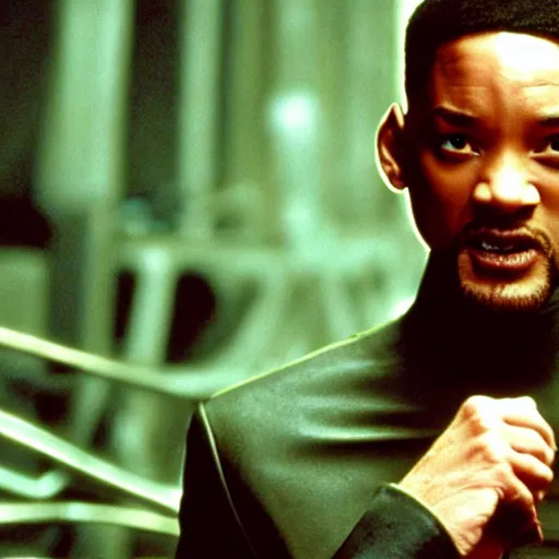 Image similar to Will Smith as Neo, film still from The Matrix, detailed, 4k