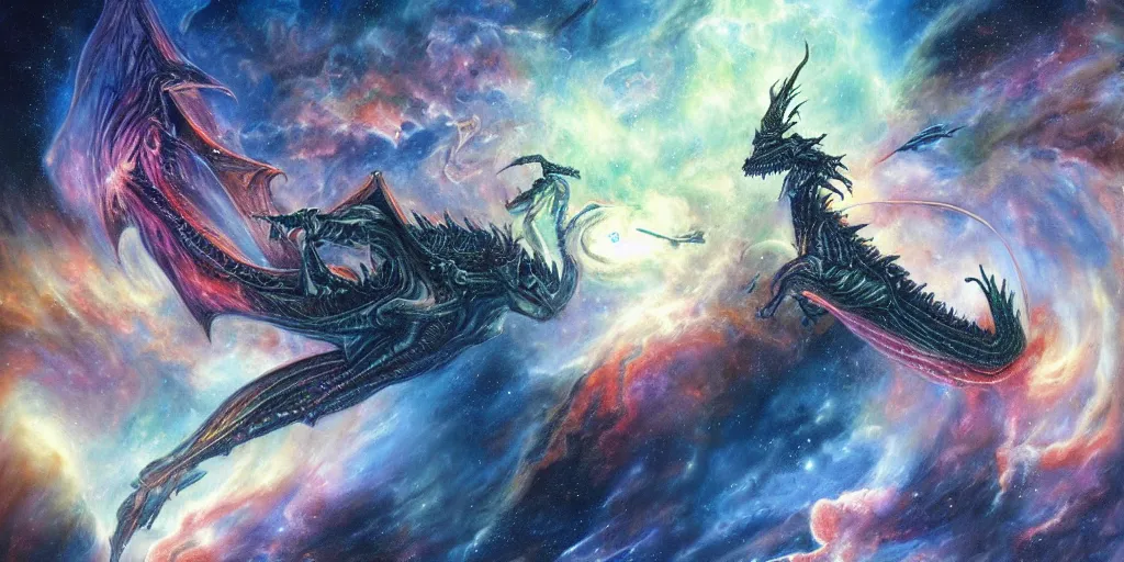 Image similar to an alien dragon flying through outer space, epic nebula, style of dan seagrave art