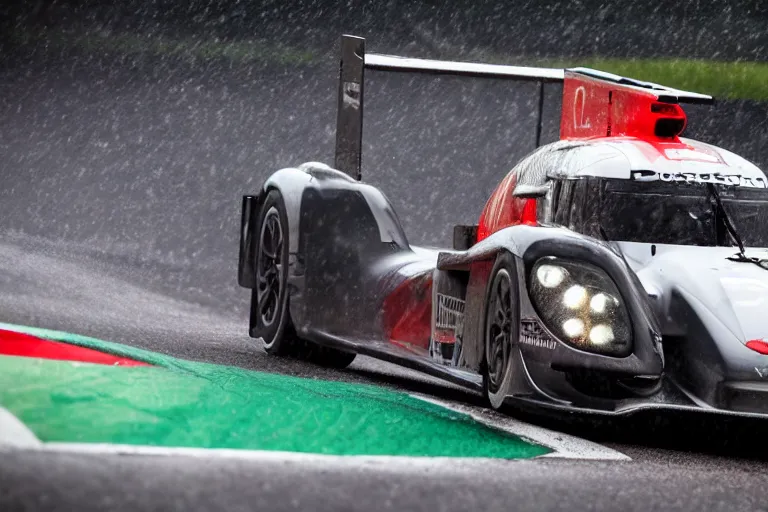 Prompt: detailed photo of the porsche 9 1 9 in heavy rain at circuit de spa - francorchamps, in the art style of nihonga