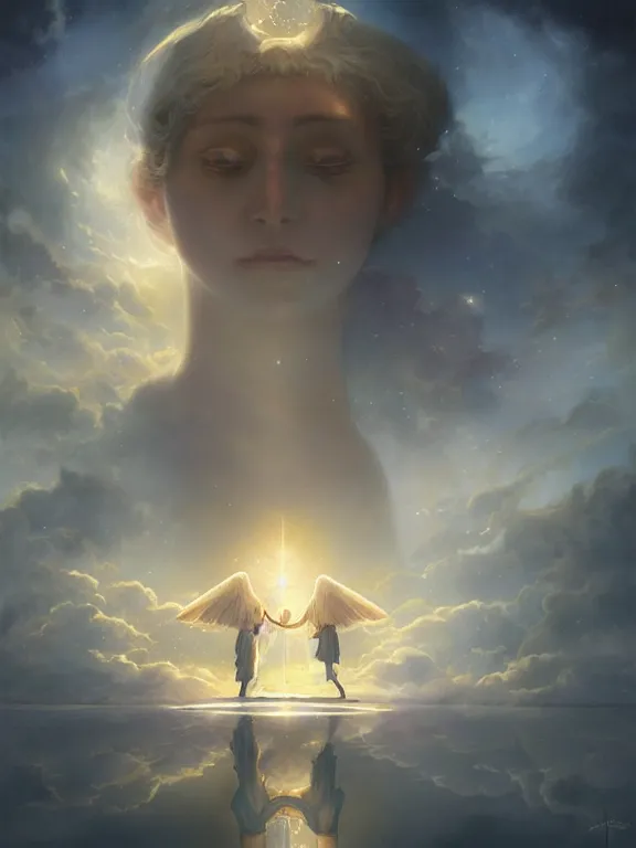 Prompt: a ultradetailed beautiful matte painting of the keeper of the prism of emotion, magical reflection opening in the sky, oil painting, high resolution 4 k, by tom bagshaw, greg rutkowski, charlie bowater and artgeem