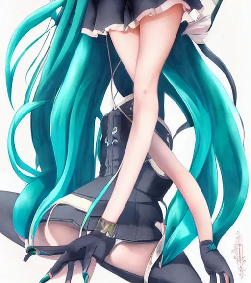 Image similar to Anime art of beautiful Hatsune miku with beautifel legs by artgerm, rossdraws, magali villeneuve, Gil Elvgren, Alberto Vargas, Earl Moran, Art Frahm, Enoch Bolles, symmetrical shoulders