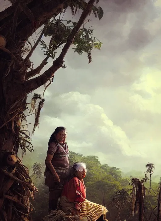 Image similar to portrait of an indigenous amazonian grandfather and grandmother in the clouds, smiling, protection, benevolence, ancestors, detailed faces, art by greg rutkowski