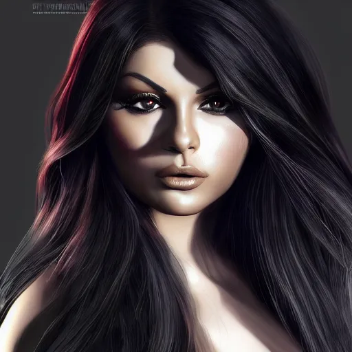 Prompt: portait of haifa wehbe, concept art, long hair centred, hd, very detailed curve, digital painting, unreal engine, amazing background