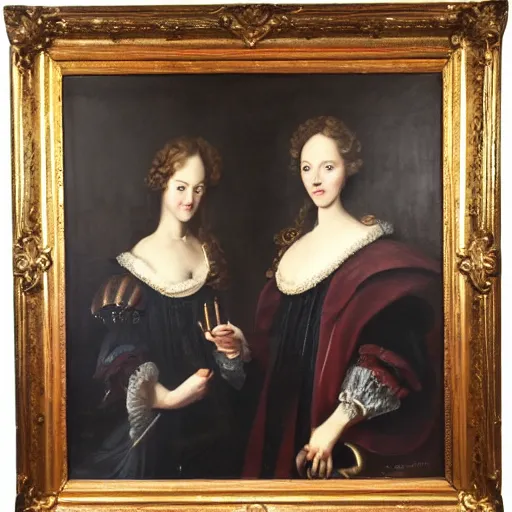 Image similar to oil portrait. two women in a vast castle lobby wearing fine clothes. dark room with light coming through the right side of the place. baroque style 1 6 5 6. high quality painting, no distortion on subject faces.