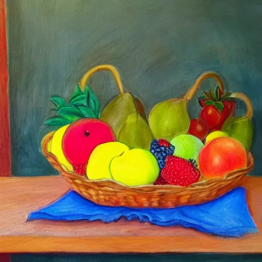 Prompt: a fruit basket on top of a kitchen table, children's drawing