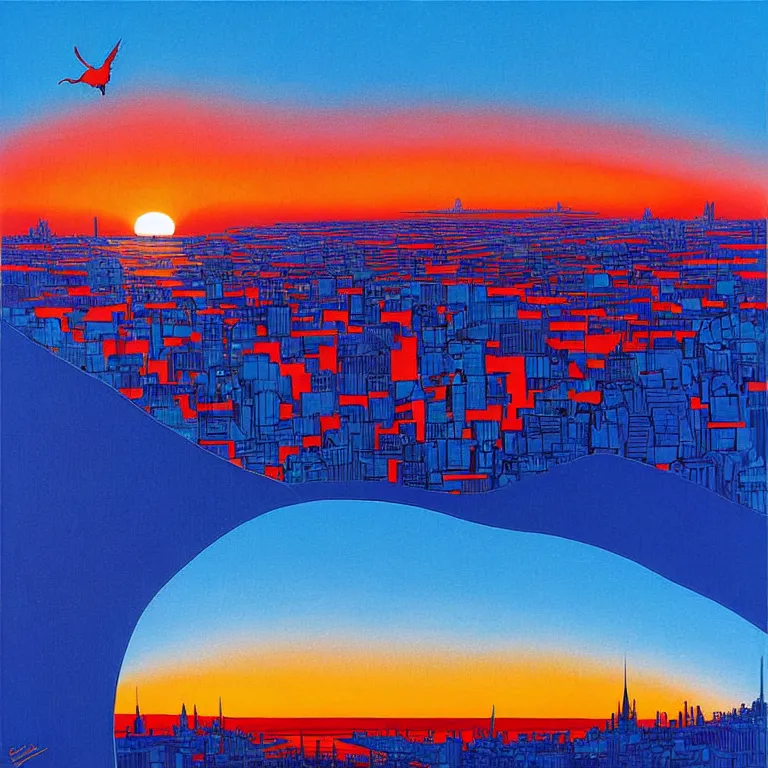 Image similar to birdseye view of a sunrise over a city, art by earle, eyvind