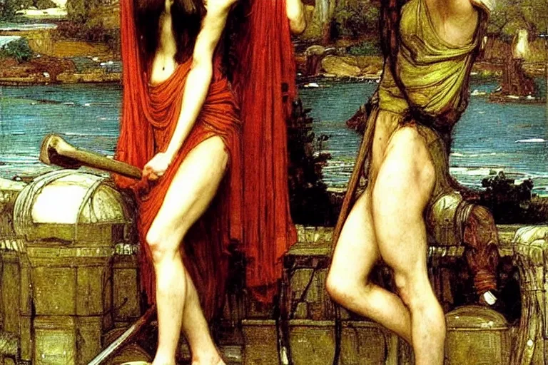 Prompt: mythological painting by John William Waterhouse