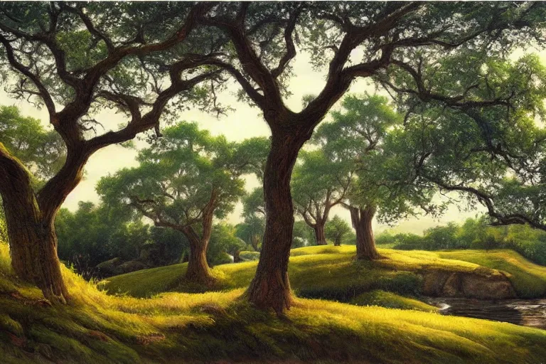 Prompt: masterpiece painting of oak trees on a hillside overlooking a creek, dramatic lighting, by marc davis