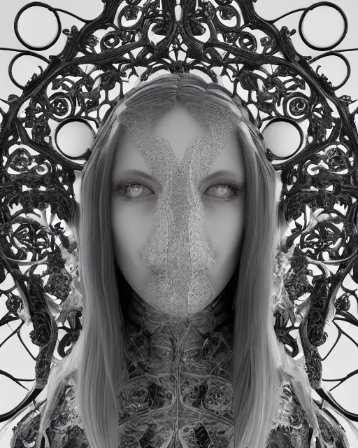 Image similar to mythical dreamy black and white organic bio - mechanical spinal ribbed profile face portrait detail of translucent steampunk beautiful female angelic - human - queen - vegetal - cyborg, highly detailed, intricate crystal ivy jelly ornate, poetic, translucent roses ornate, 3 d render, digital art, octane render, 8 k artistic photography, photo - realistic, by dora maar