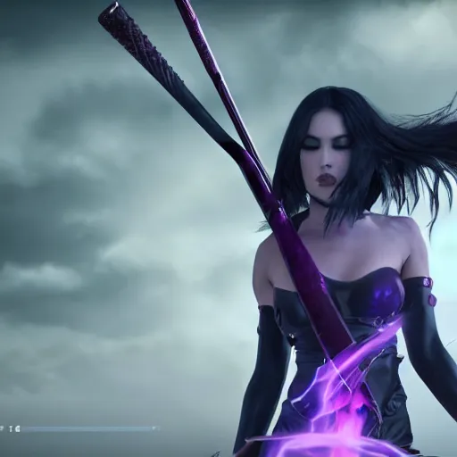 Image similar to gorgeous goth psylocke fighting army of demons with a samurai sword, physical based render, cinematography, octane, photorealistic, gorgeous, symmetrical, unreal engine