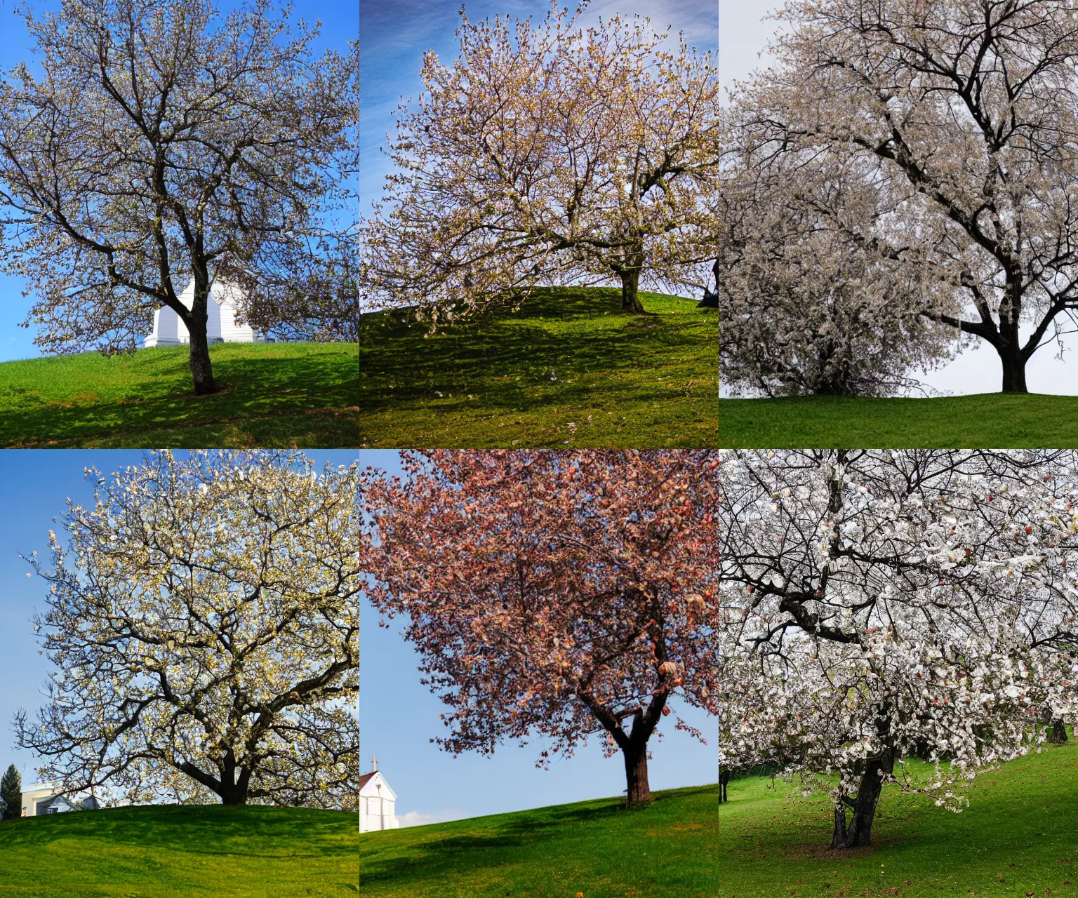 Prompt: apple tree on hill in front of white church