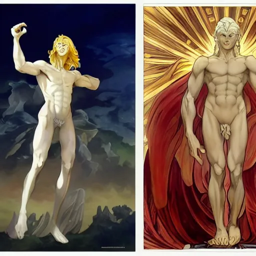 Image similar to A extreme long shot, stunning, breathtaking, awe-inspiring, award-winning, ground breaking, concept art, nouveau painting, of Lucifer, extra-light natural blonde hair, sophisticated well rounded face, bright glowing eyes like LEDs, Lean Body, porcelain looking skin, standing tall invincible over the remains of Heaven, posing as a JoJo character, by Michelangelo, Alphonse Mucha, Caravaggio, Renaissance period, Dark Fantasy mixed with Socialist Realism, exquisite, dramatic, hyperrealistic, atmospheric, cinematic, trending on ArtStation , photoshopped, deep depth of field, intricate detail, finely detailed, small details, extra detail, attention to detail, symmetrical, high resolution, 3D, PBR, path tracing, volumetric lighting, octane render, arnold render, 8k