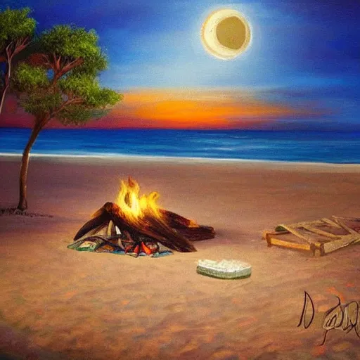 Prompt: Campfire on the beach, Moonlit ocean, Secluded beach, Painting, intricate details