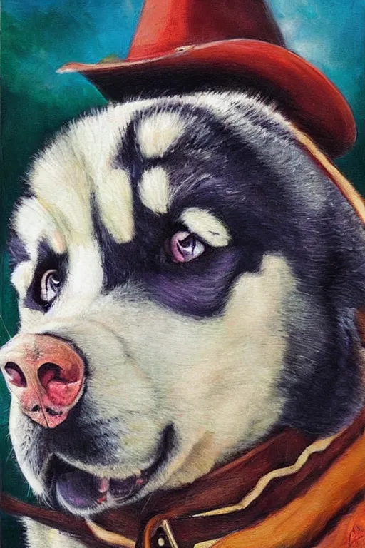 Image similar to a portrait painting of a husky in cowboy costume in the style of anime, a fistful of dollars, per un pugno di dollari