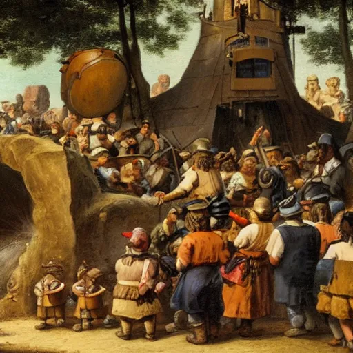 Prompt: a huge dutch oven in the town. the dutch oven has a crowd of dwarves and humans drinking beer in front of it, evening, high fantasy