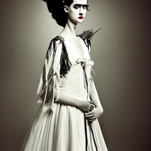 Prompt: natalia dyer as the bride of frankenstein, universal, movie, photography, portrait, beautiful,