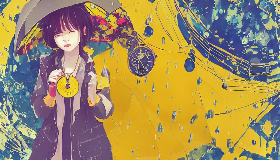 Prompt: girl in a yellow coat standing in the rain holding a small pocket watch, thick outlines, bright colors, geometric shapes, digital art, hard edges, detailed, anime style, art by sora kim, rinotuna, ilya kuvshinov