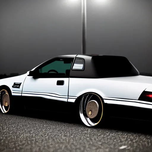 Image similar to a black 1990 Ford thunderbird sc at illegal car meet, Chiba prefecture, city midnight mist lights, cinematic color, photorealistic, highly detailed wheels, 50MM