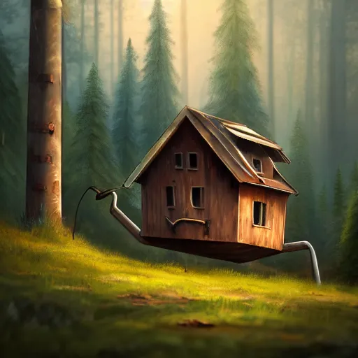 Image similar to a walking wood and metal house with two legs and one big eye, smoky chimney, rust, hyperrealistic, highly detailed, cinematic, single ray of sun, morning, pareidolia, dynamic composition, gravity falls style, disney, ghibli, beautiful, pine trees in the background, cgssociety, artstation, 8 k, oil painting, digital art