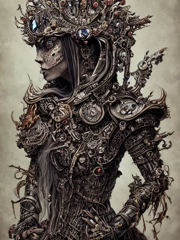 Image similar to art portrait of an undead lich queen, ornate crown, intricate detailed armour ,8k,by tristan eaton,Stanley Artgermm,Tom Bagshaw,Greg Rutkowski,Carne Griffiths, Ayami Kojima, Beksinski, Giger,trending on DeviantArt,face enhance,hyper detailed,minimalist,cybernetic, android, blade runner,full of colour,