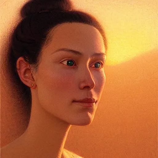 Image similar to Facial portrait of a cute shy woman, looking away from the camera, slight awkward smile, lips slightly parted, no hands visible,, intricate, extremely detailed painting by Jean Giraud and by Henry Justice Ford and by Greg Rutkowski, golden hour