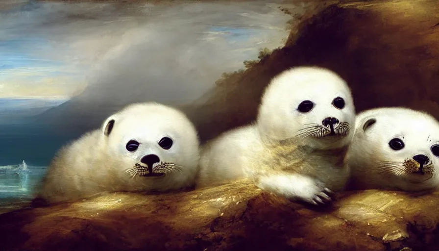 Image similar to highly detailed painting of cute furry white baby seals driving a car by william turner, by greg rutkowski, by william constable, thick brush strokes and visible paint layers, 4 k resolution