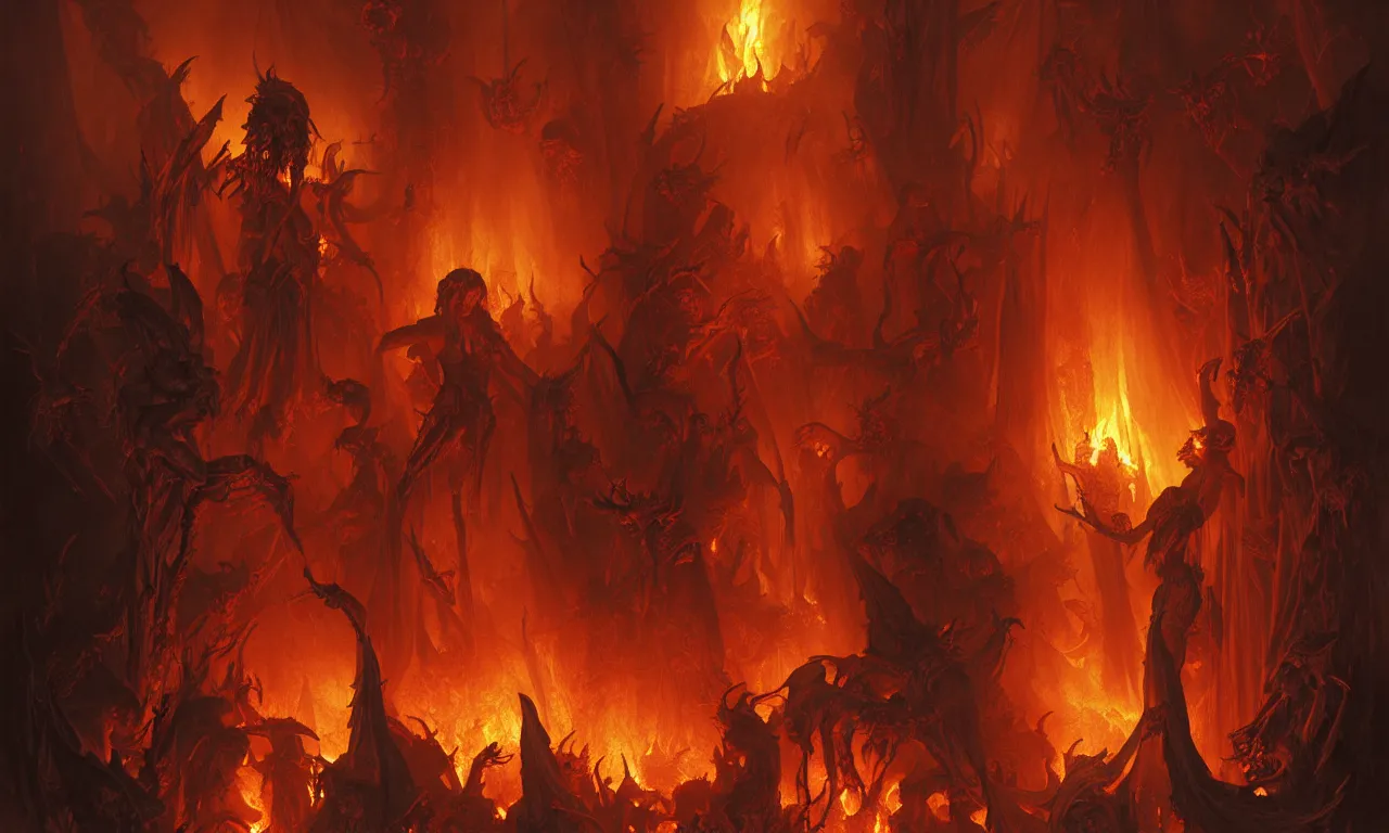 Image similar to Purgatory, fire in hell. A crowd of sinful people is burning in hell in hellfire. The gateway to the infernal underworld. Devils demons and ghouls torment sinful people, highly detailed, digital painting, artstation, concept art, smooth, sharp focus, illustration, art by artgerm and greg rutkowski and alphonse mucha