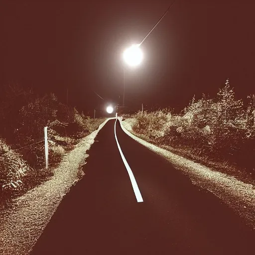 Image similar to an dark highway in the middle of the night, there is only 1 dim pole light. Behind the light, there is a dark tall slender shadowy figure