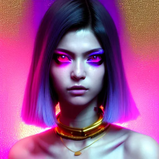 Image similar to hyperdetailed portrait of a stunningly beautiful cyberpunk cutie european girl with dark hair guard made of iridescent metals and shiny pink gems, bright rainbow nimbus, gold necklace, gold background inspired by ross tran and masamune shirow and kuvshinov, intricate, photorealistic, octane render, rtx, hdr, unreal engine, dnd digital art by artgerm