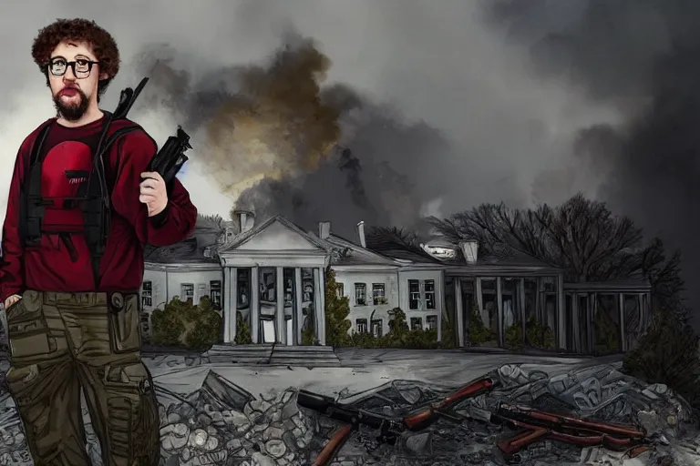 Prompt: portrait of Sam Hyde holding an AR-15 rifle, standing outside a flaming burnt down white house, epic, trending on artstation