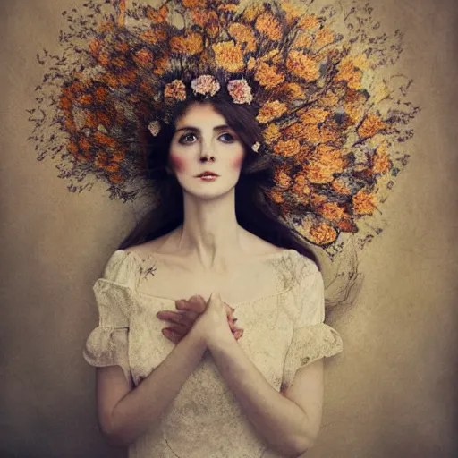 Image similar to fine art photo of catherine diana ; princess of wales, she has a crown of dried flowers, by oleg oprisco