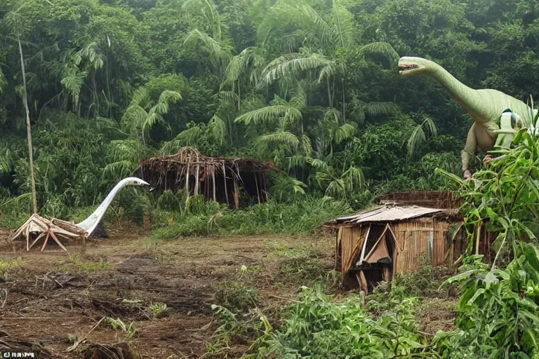 Prompt: 4 meter tall unknown living herbivor dinosaur destroying huts in small jungle settlement, shaky amateur photos by witnesses