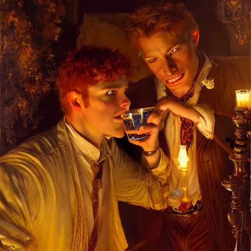 Image similar to attractive male mike with ginger hair and attractive male tyler with brunet hair, drinking their hearts out, in their noble mansion, at night. highly detailed painting by gaston bussiere, craig mullins, donato giancola, j. c. leyendecker 8 k