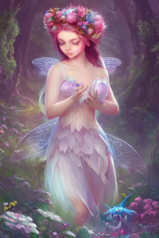 Image similar to a cute and geogerous fairy in the dreamy forest, fantasy, dreamlike, 8 k resolution, hyper detailed, d & d, character design, digital painting, trending on artstation, sharp focus, illustration, art by viktoria gavrilenko, hoang lap, fuji choko, steve zheng,